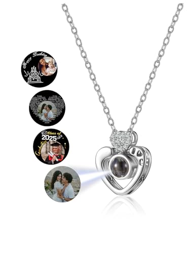 Jovivi Personalisierte Halskette Bild Projektion Kette mit Foto Herz Anhänger Silber Rose Gold 100 Sprachen Projektion Anhänger Schmuck Geschenk für Mutter und Tochter Oma Frau Feste (Silber) von Jovivi