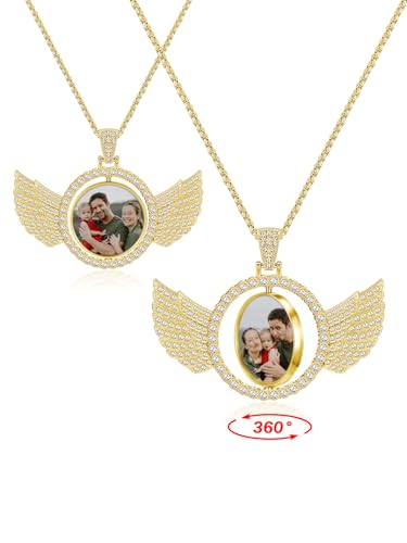 Jovivi Personalisierte Kette Flügel Strass Anhänger mit Bild Fotogravur Drehbar Pendant Halskette Silber Gold Charms Schmuck Damen Herren von Jovivi