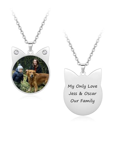 Jovivi Personalisierter Anhänger mit Text Foto Gravur Kette mit Bild Katze Pendant Halskette aus Edelstahl Geschenk für Freundin von Jovivi