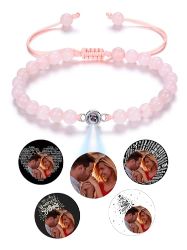 Jovivi Personalisiertes Armband mit Foto Bild Projektion Armband 100 Sprachen Ich liebe dich Armband Fotoarmband für Herren Damen Freundschaftsarmbänder Personalisierte Geschenke (Rosenquarz) von Jovivi