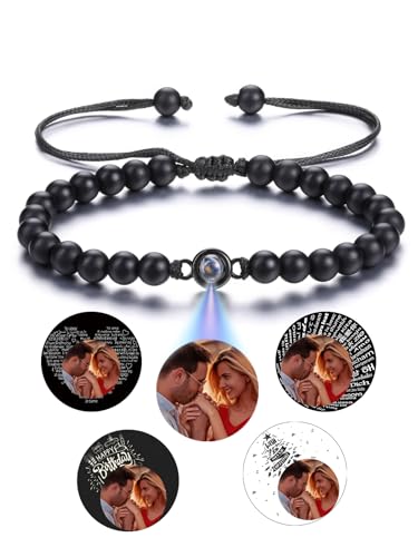 Jovivi Personalisiertes Armband Mit Foto Bild Projektion - 100 Sprachen Ich Liebe Dich Fotoarmband für Herren Damen - Freundschaftsarmbänder Personalisierte Geschenke (Schwarzer Achat) von Jovivi