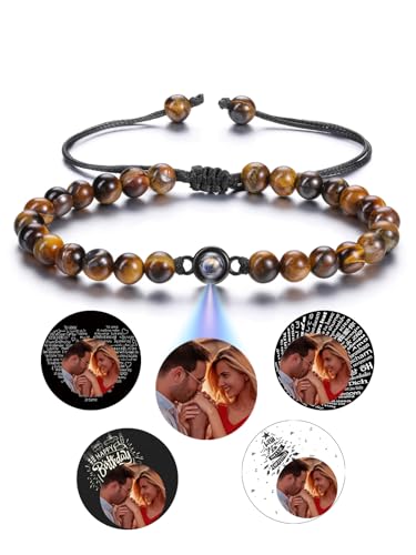 Jovivi Personalisiertes Armband Mit Foto Bild Projektion - 100 Sprachen Ich Liebe Dich Fotoarmband für Herren Damen - Freundschaftsarmbänder Personalisierte Geschenke (Tigerauge) von Jovivi