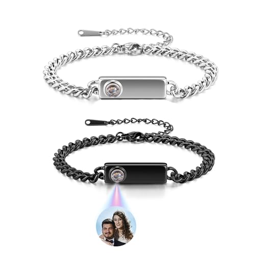 Jovivi Personalisiertes Armband mit Foto im Stein Bild Projektion Armband Edelstahl Partnerarmbänder Fotoarmband für Herren Damen Freundschaftsarmbänder Personalisierte Geschenke (Silber+Schwarz) von Jovivi