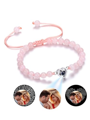 Jovivi Personalisiertes Armband mit eigenem Foto Personalisiertes Bild Armband 100 Sprachen Ich liebe dich Armband Fotoarmband Personalisierte Geschenke für Mann Frauen (Rosenquarz) von Jovivi