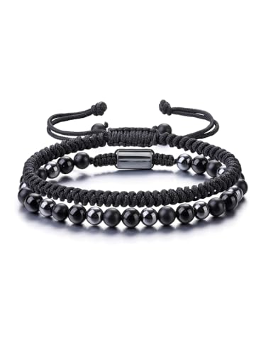 Jovivi Schwarzes Obsidian Armband für Herren - Perlenarmband mit Edelsteinen, Schwarzer Onyx, Hämatit - Heilsteine für Freunde, Ehemann, Vater von Jovivi