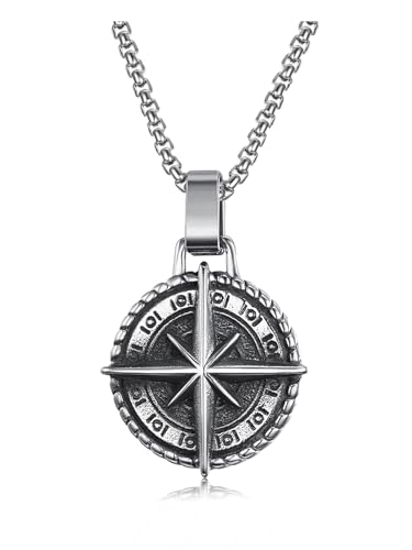 Jovivi Wikinger Halskette Herren Kette mit Vegvisir Kompass Anhänger Achtzackiger Stern Edelstahl Amulett heidnischen Schmuck für Männer Papa Geschenk von Jovivi