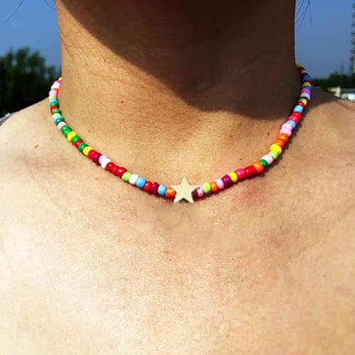 Jovono Bohemian Choker mit farbigen Perlen Halskette Kette für Frauen und Mädchen (Goldstern) von Jovono