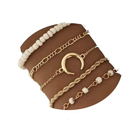 Jovono Boho-Armbänder mit Mond-Perlen, goldfarbene Perlen, Handketten, verstellbare Handschmuck für Frauen und Mädchen (5 Stück) von Jovono
