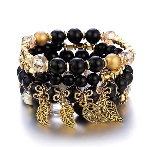 Jovono Boho-Armbänder mit stapelbaren Perlen, geschichtete elastische Handketten mit Blättern, Vintage-Armreife mit Perlen, Armband-Set für Damen (4 Stück) (schwarz) von Jovono