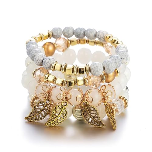 Jovono Boho-Armbänder mit stapelbaren Perlen, geschichtete elastische Handketten mit Blättern, Vintage-Armreife mit Perlen, Armband-Set für Damen (4 Stück) (weiß) von Jovono