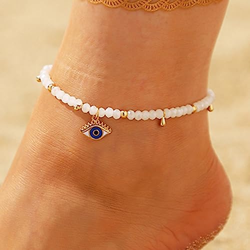 Jovono Evil Eye Perlen Fußkettchen Gold Blaue Augen Anhänger Knöchel Armband Ketten Strand Perlen Quaste Verstellbarer Schmuck für Frauen und Mädchen (Colorful) (White) von Jovono