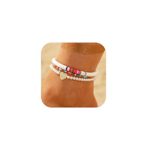 Jovono Boho-Fußkettchen mit Perlen, geschichtet, Herz-Fußkette, weiße Perlen, Fußkettchen, Armband, Ketten, Strand, verstellbar, 3 Stück für Frauen und Mädchen von Jovono