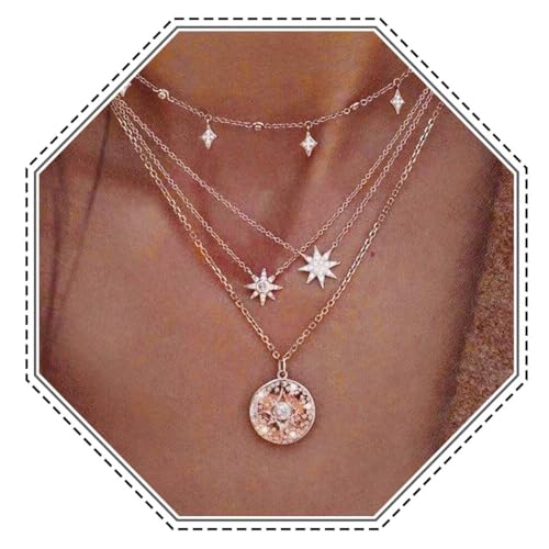 Jovono Boho - Mehrschichtige Halskette mit Stern und Strass für Frauen und Mädchen,Gold von Jovono