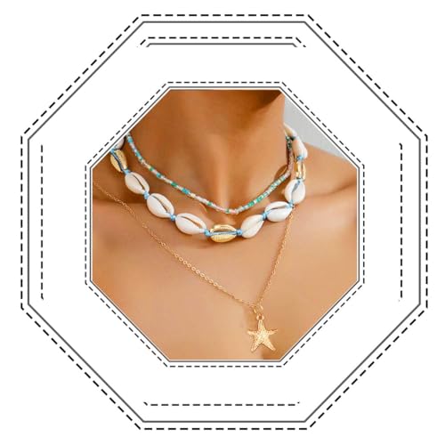 Jovono Boho-Muschel-Choker-Halskette, mehrlagig, Gold, Seastar-Anhänger, Halskette, Perlen, 3 Stück für Damen, / von Jovono