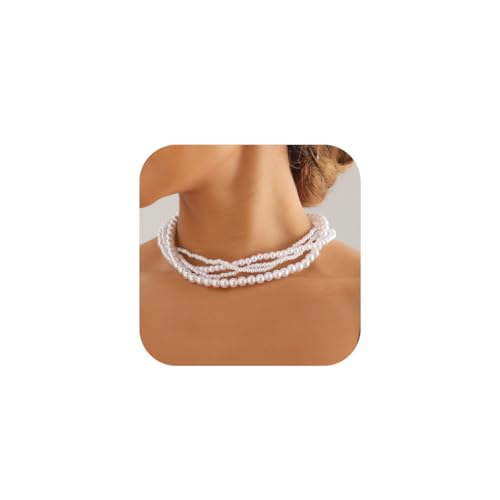 Jovono Boho Perlen Choker Halskette geschichtete weiße Perlen Halsketten Ketten mehrschichtige einfache Halsketten für Frauen und Mädchen, / von Jovono