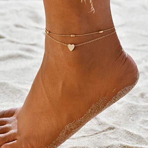 Jovono Boho Perlen Fußkettchen Mode Mehrschichtige Herz Fußkettchen Armbänder Strand Fuß Schmuck für Frauen und Mädchen (Gold) von Jovono