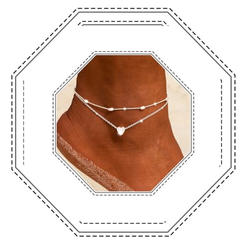 Jovono Boho Perlen Fußkettchen Mode Mehrschichtige Herz Fußkettchen Armbänder Strand Fuß Schmuck für Frauen und Mädchen (silber) von Jovono