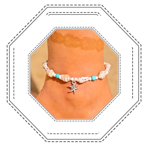 Jovono Boho-Seestern-Fußkettchen, silberfarben, türkisfarbenes Knöchel-Armband, Perlen-Fußkette, Strand-Stern-Fußkettchen, Schmuck für Frauen und Mädchen von Jovono