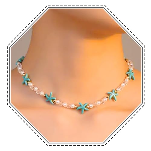 Jovono Boho Seestern Halsketten Perlen Glasperlen Choker Halsketten Strand Sommer Türkis Halskette Ketten für Frauen, Perlglas, Metall von Jovono
