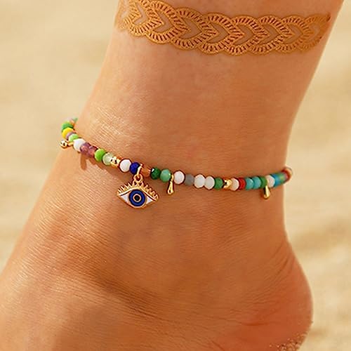 Jovono Evil Eye Perlen Fußkettchen Gold Blaue Augen Anhänger Knöchel Armband Ketten Strand Perlen Quaste Verstellbarer Schmuck für Frauen und Mädchen (Colorful) (Colorful) von Jovono