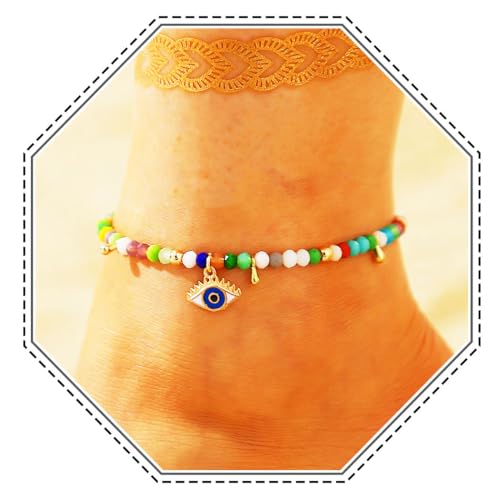 Jovono Evil Eye Perlen Fußkettchen Gold Blaue Augen Anhänger Knöchel Armband Ketten Strand Perlen Quaste Verstellbarer Schmuck für Frauen und Mädchen (Colorful) (Colorful) von Jovono