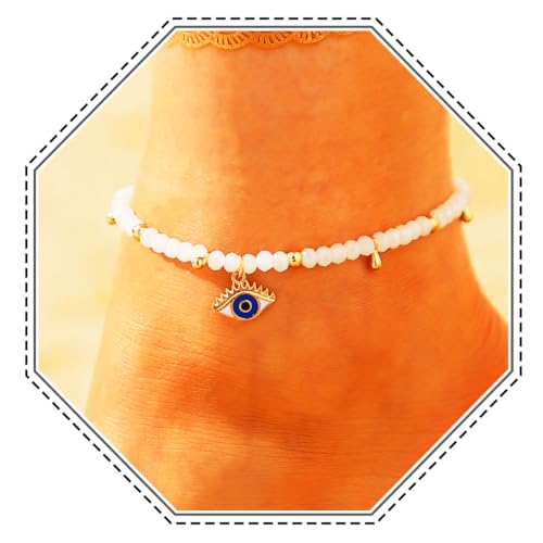 Jovono Evil Eye Perlen Fußkettchen Gold Blaue Augen Anhänger Knöchel Armband Ketten Strand Perlen Quaste Verstellbarer Schmuck für Frauen und Mädchen (Colorful) (White) von Jovono