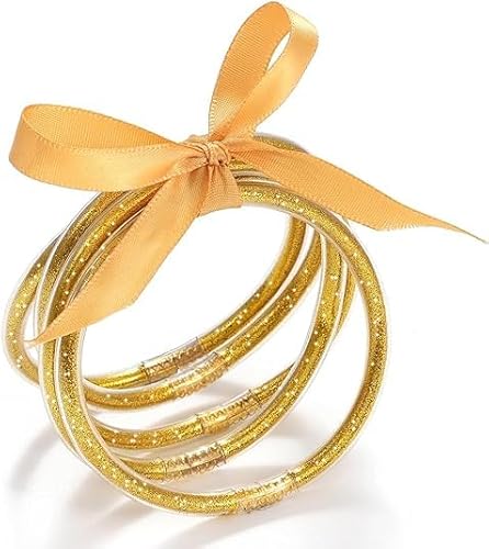 Jovono Weihnachten 5-teiliges Glitzer-Gelee-Armreif-Armband-Set, Weihnachtsschleife, Glitzer-Gelee-Silikon-Armbänder, mehrfarbige Handaccessoires für Frauen und Mädchen (Gold) von Jovono