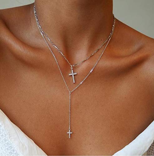 Jovono Mehrschichtige Y-Halsketten Kreuz Anhänger Halskette Kette Schmuck Kristall-Anhänger für Frauen und Mädchen (silber) von Jovono