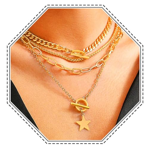Jovono Punk Star Anhänger Halsketten Geschichtet Gold Cuban Link Halskette Ketten OT Verschluss Choker Stapelkette für Frauen, / von Jovono