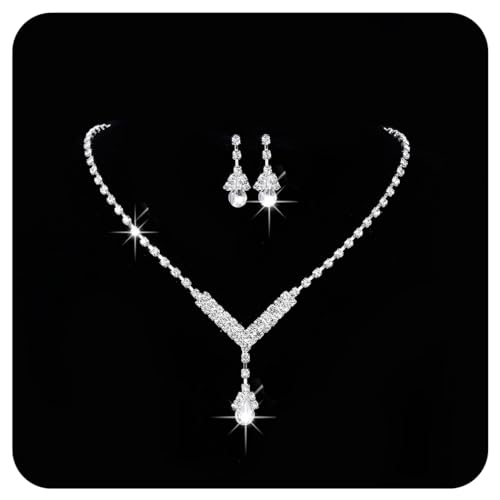 Jovono Strass Hochzeit Halskette und Ohrring Set Splitter Brautschmuck Sets Kristall Schmuck Sets für Frauen von Jovono
