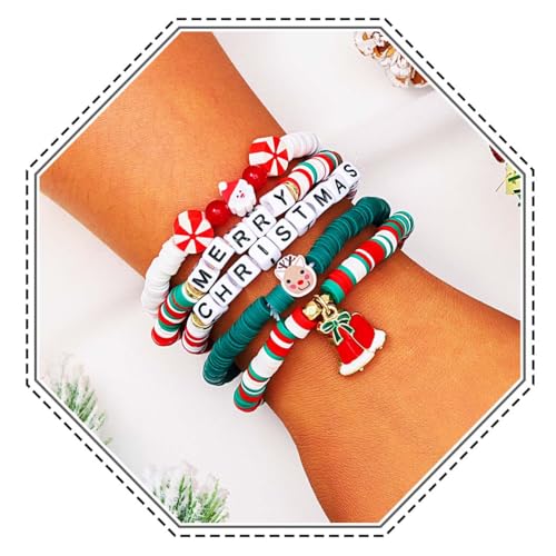 Jovono Weihnachtsarmband-Set Perlenarmbänder mit Weihnachtsmann und Rentier, bunte stapelbare Stern-Armschmuck-Sets für Damen (5PCS) von Jovono