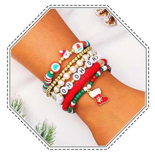 Jovono Weihnachtsarmband-Set Perlenarmbänder mit Weihnachtsmann und Rentier, bunte stapelbare Stern-Armschmuck-Sets für Damen (6PCS) von Jovono