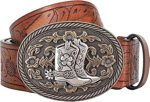 JowTreex Western-Lederschnallengürtel – Cowboy-Gürtel mit Longhorn-Stiermuster, Blumen-Gravur, Schnallengürtel für Männer und Frauen, Braun 3, for 95-102 cm waist von JowTreex