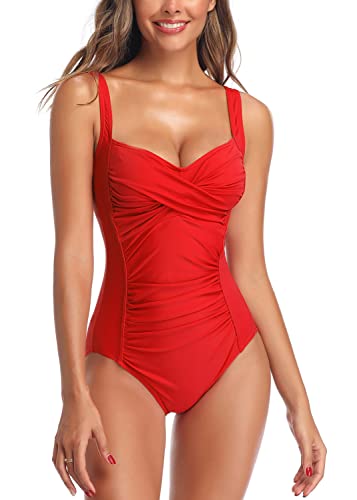 Badeanzug Damen Raffung Figurformende Bademode Retro Bauchweg Schlankheits Einteiler Bademode Beachwear Badeanzüge Badebekleidung Schwimmanzug Bikinis(Rot-A,S) von Joweechy