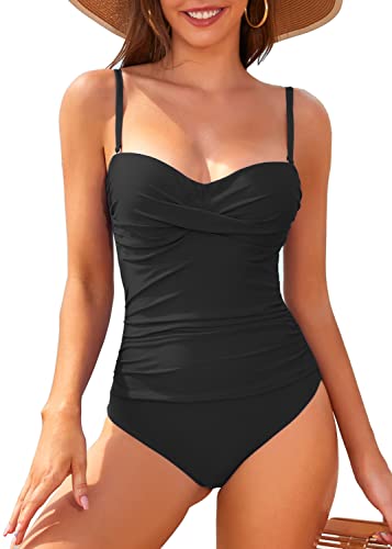 Bikini Damen Badeanzug Bauchweg Schlankheits Einteiler Retro Formgebender Bademode Bademantel verstellbare abnehmbare Träger Bandeau Badeanzüge Badebekleidung Schwimmanzug S/Z1#Schwarz von Joweechy