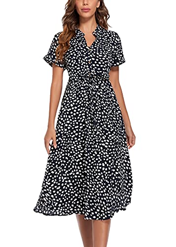 Damen Kleider Boho Kurzarm Freizeit Sommer Strandkleid Elegant Polka Dot Midikleid A-Linie Kleid Blumenkleid BU/S von Joweechy