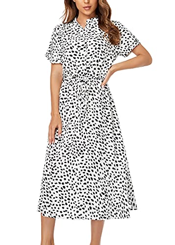 Damen Kleider Boho Kurzarm Freizeit Sommer Strandkleid Elegant Polka Dot Midikleid A-Linie Kleid Blumenkleid BW/L von Joweechy