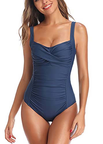 Joweechy Badeanzug Damen Raffung Figurformende Bademode Retro Bauchweg Schlankheits Einteiler Bademode Beachwear Badeanzüge Badebekleidung Schwimmanzug Bikinis(Blau,L) von Joweechy