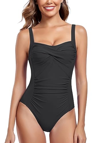 Joweechy Badeanzug Damen Raffung Figurformende Bademode Retro Bauchweg Schlankheits Einteiler Bademode Beachwear Badeanzüge Badebekleidung Schwimmanzug Bikinis(Schwarz,M) von Joweechy