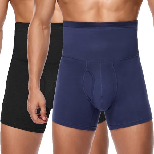 Joweechy Boxershorts Herren Hohe Taille Bauchweg Unterhose Dehnbar Baumwolle Figurformende Sports Trunks Retroshorts Unterwäsche 2er-Pack B/BL/XL von Joweechy