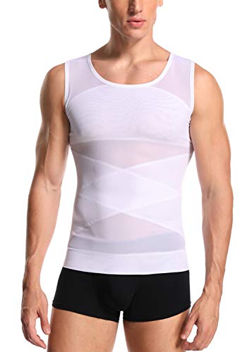 Joweechy Männer Tank Top Fitness Net Bauch-Körper-Former abnehmend Hemd Elastic Sculpting Weste-Träger Body Shaper, Weiß, XXL (TaillenumfJahrg 35-38 / Gewicht 190-210 lb) von Joweechy