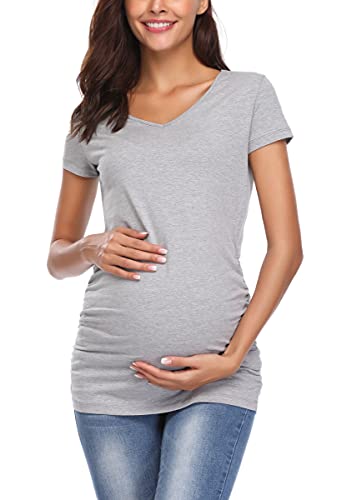 Umstandskleid Damen Kurzarm Umstandsshirt Mutterschaft Seite Geraffte T Shirt Top Mama Schwangerschaft Kleidung Umstandsmode(M,G2) von Joweechy