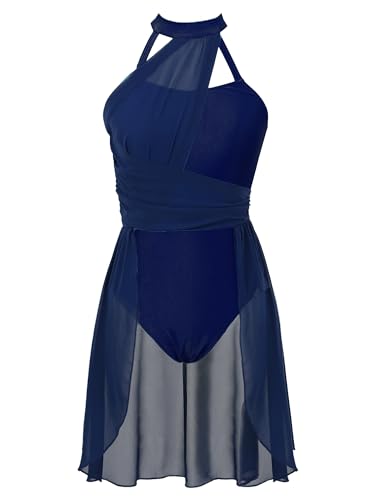 Jowowha Damen Ballettkleid Neckholder Eiskunstlauf Kleid Ballettanzug mit Asymmetrisch Rock Ballett Trikot Tanzbody Modern Lyrisch Tanzkleid A Marine Blau L von Jowowha