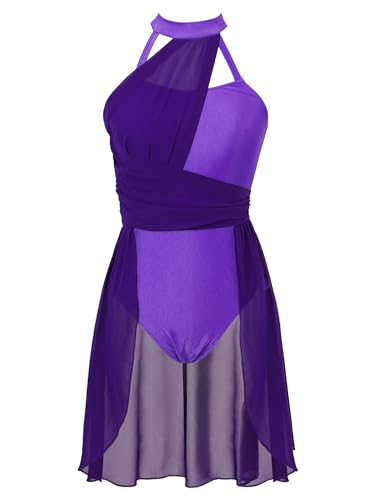 Jowowha Damen Ballettkleid Neckholder Eiskunstlauf Kleid Ballettanzug mit Asymmetrisch Rock Ballett Trikot Tanzbody Modern Lyrisch Tanzkleid Ab Dunkel Lila L von Jowowha