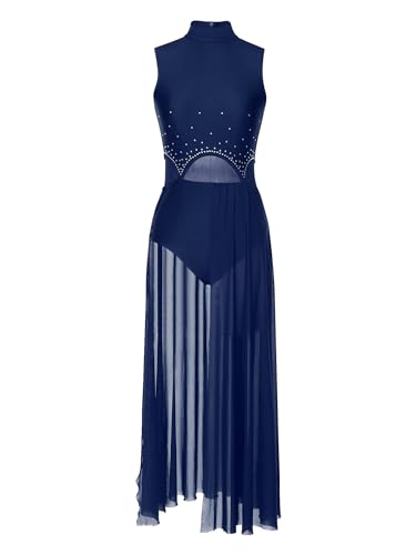 Jowowha Damen Ballettkleid Glitzer Eiskunstlauf Kleid Ballettanzug mit Asymmetrisch Rock Ballett Trikot Tanzbody Modern Lyrisch Tanzkleid S-XXL An Marine Blau M von Jowowha