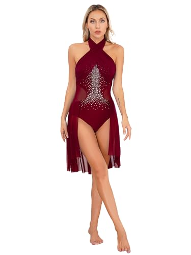 Jowowha Damen Ballettkleid Neckholder Eiskunstlauf Kleid Glitzer Strass Ballettanzug mit Asymmetrisch Rock Ballett Trikot Tanzbody Modern Lyrisch Tanzkleid S-XXL E Weinrot S von Jowowha