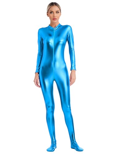 Jowowha Damen Body Overall Metallic Ganzkörperanzug Langarm Jumpsuit Glänzend Unitard Turnanzug Gym Karneval Fasching Tanzkostüm Himmelblau M von Jowowha