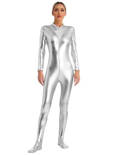 Jowowha Damen Body Overall Metallic Ganzkörperanzug Langarm Jumpsuit Glänzend Unitard Turnanzug Gym Karneval Fasching Tanzkostüm Silber M von Jowowha