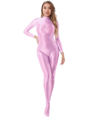 Jowowha Damen Body Overall Einteiler Jumpsuit Bodystocking Langarm Ganzanzug Nylon Strumpfhose Hose Tight Leggings Rosa XL von Jowowha