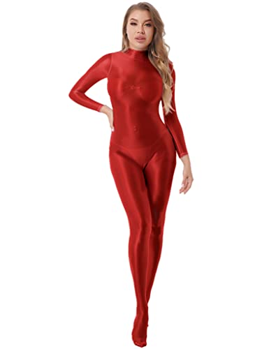 Jowowha Damen Body Overall Einteiler Jumpsuit Bodystocking Langarm Ganzanzug Nylon Strumpfhose Hose Tight Leggings Rot XL von Jowowha